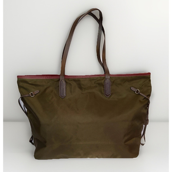 Authentic Prada Olive Green Nylon Tote Brown Leather Handles Red Interior Italy - Picture 2 of 16